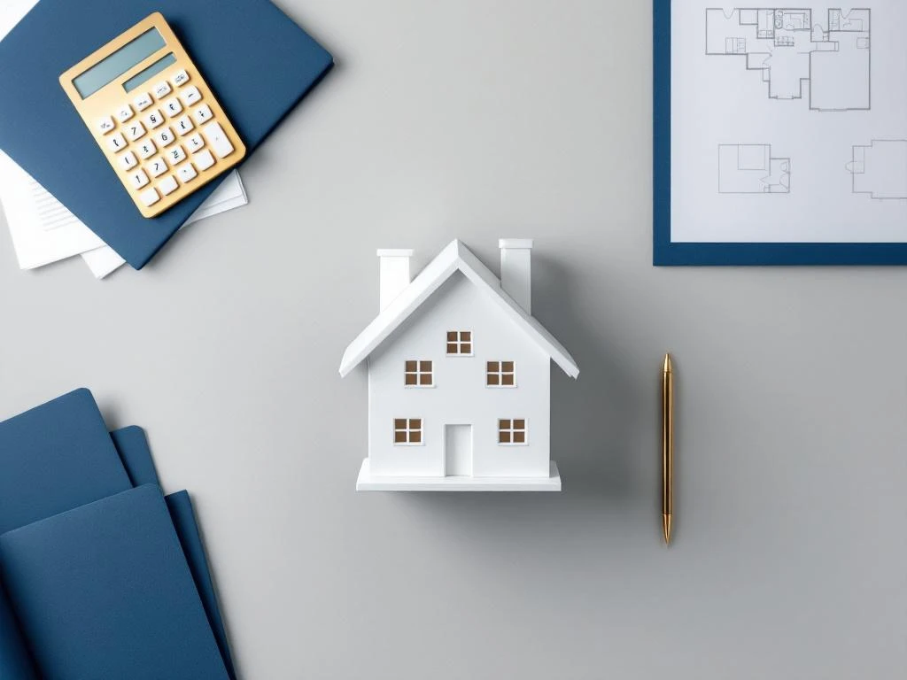 Wit architectuurmodel van huis met calculator, documenten en plattegronden voor hypotheekadvies