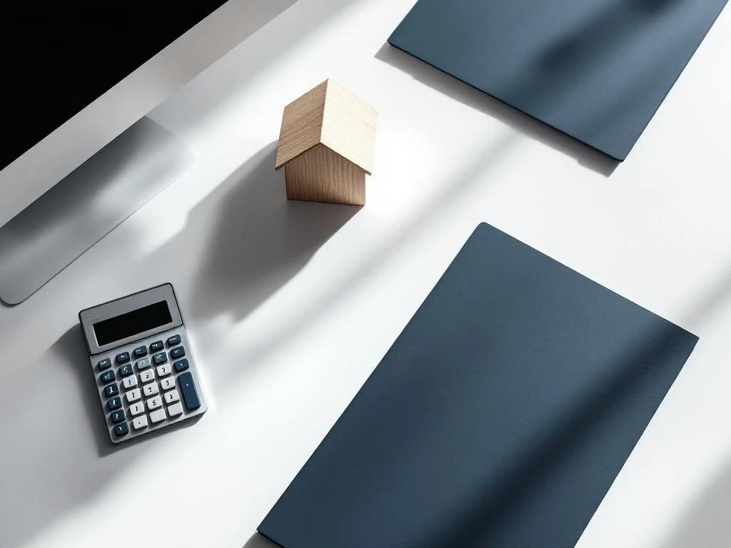 Bovenaanzicht van wit bureau met calculator, houten huisblok en marineblauw financiële documenten voor hypotheekadvies