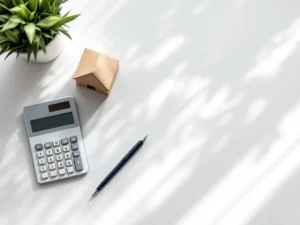 Rekenmachine, houten huisblok en documenten op wit bureau voor hypotheekadvies en financiële planning