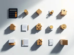 Bovenaanzicht van wit bureau met twaalf geometrische objecten in grid: gouden huisjes, rekenmachine, documenten en muntstapels