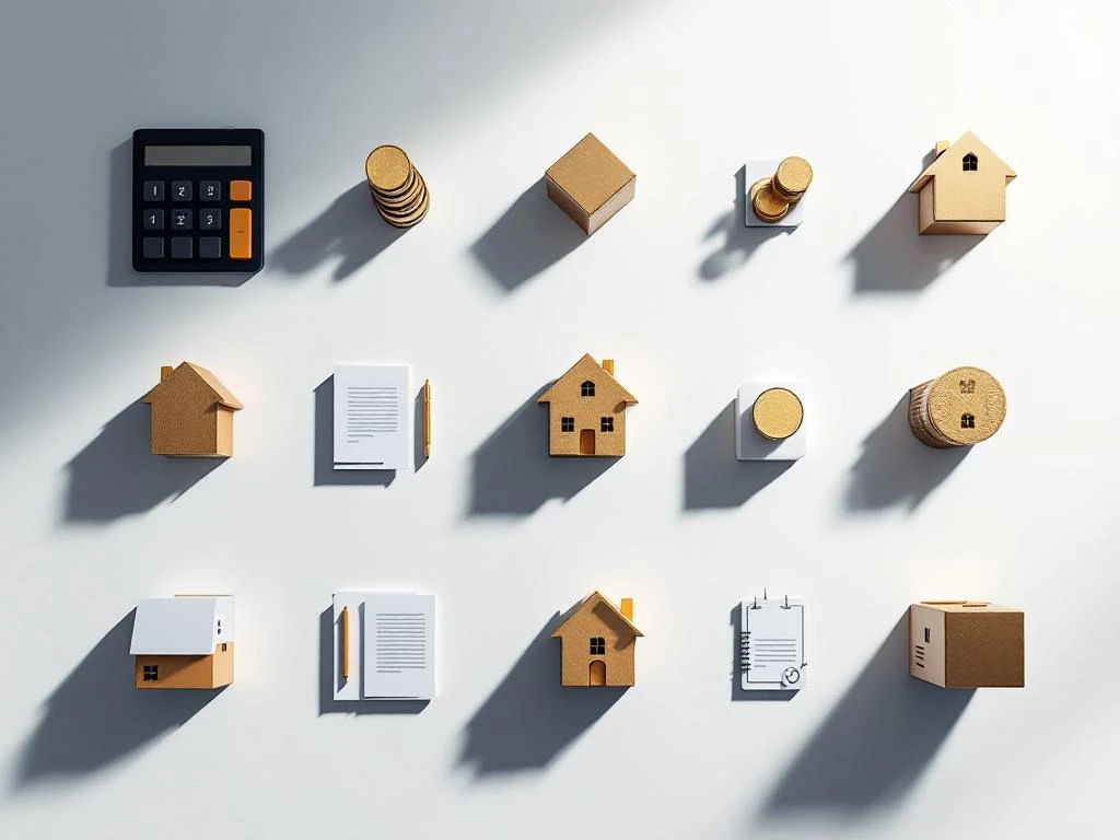 Bovenaanzicht van wit bureau met twaalf geometrische objecten in grid: gouden huisjes, rekenmachine, documenten en muntstapels