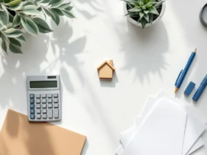 Bovenaanzicht wit bureau met houten huisvormig token, rekenmachine en documenten voor hypotheekadvies