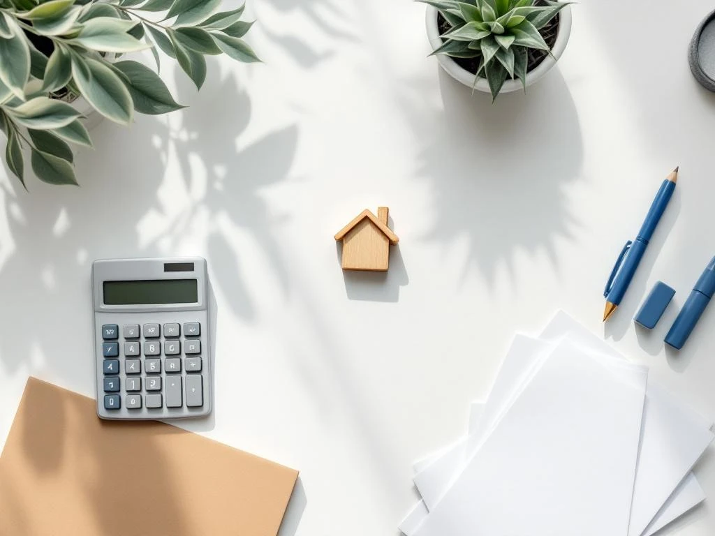 Bovenaanzicht wit bureau met houten huisvormig token, rekenmachine en documenten voor hypotheekadvies