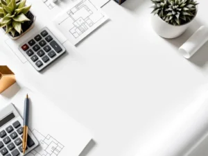 Bovenaanzicht wit bureau met calculator, gouden huis-presse-papier en blauwdruk voor hypotheekadvies