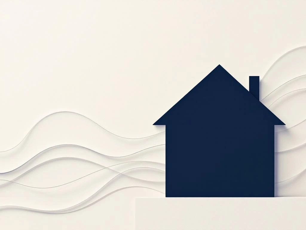 Moderne donkerblauwe huissilhouet met gouden sleutel en grijze hypotheekdocumenten op crème achtergrond