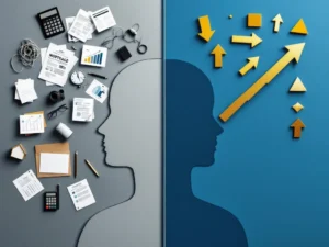 Gesplitst scherm: verwarde persoon met hypotheekdocumenten links, zelfverzekerde persoon met georganiseerde elementen rechts