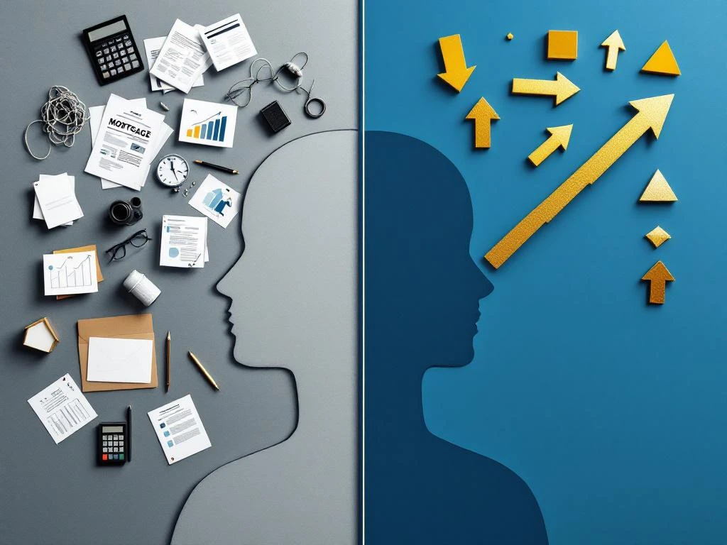 Gesplitst scherm: verwarde persoon met hypotheekdocumenten links, zelfverzekerde persoon met georganiseerde elementen rechts