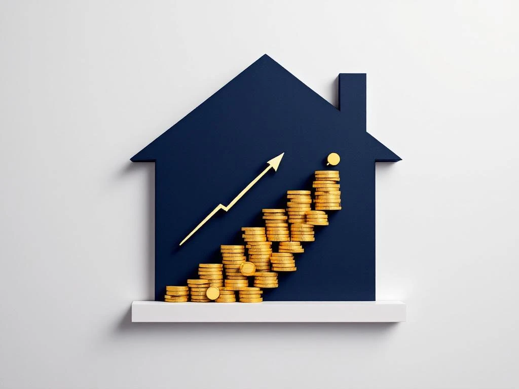Marineblauw huissilhouet met gouden munten die van dak stromen, pijlen tonen hypotheektrends op witte achtergrond