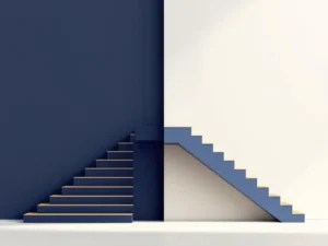 Twee parallelle trappen in marineblauw en goud die annuïtaire en lineaire hypotheekaflosstructuren symboliseren