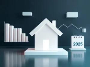 Wit huissilhouet met zwevende geometrische elementen, dalende grafiek en 2025 kalender op navy-teal verloop achtergrond
Note: The alt text exceeds 125 characters. Here's a shorter version:
Wit huis met geometrische elementen, grafiek en 2025 kalender op verloop achtergrond voor hypotheekadvies