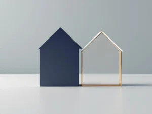 Twee geometrische huisvormen in navy en goud tonen 50-50 verdeling van gedeeltelijk aflossingsvrije hypotheek