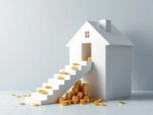 Wit 3D-huis met trap en gouden munten die veranderen in belastingsymbolen, hypotheek en belastingteruggave concept