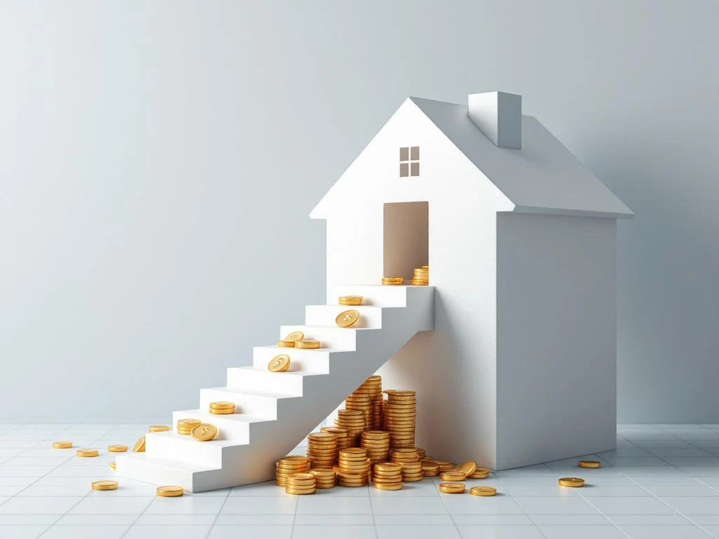 Wit 3D-huis met trap en gouden munten die veranderen in belastingsymbolen, hypotheek en belastingteruggave concept