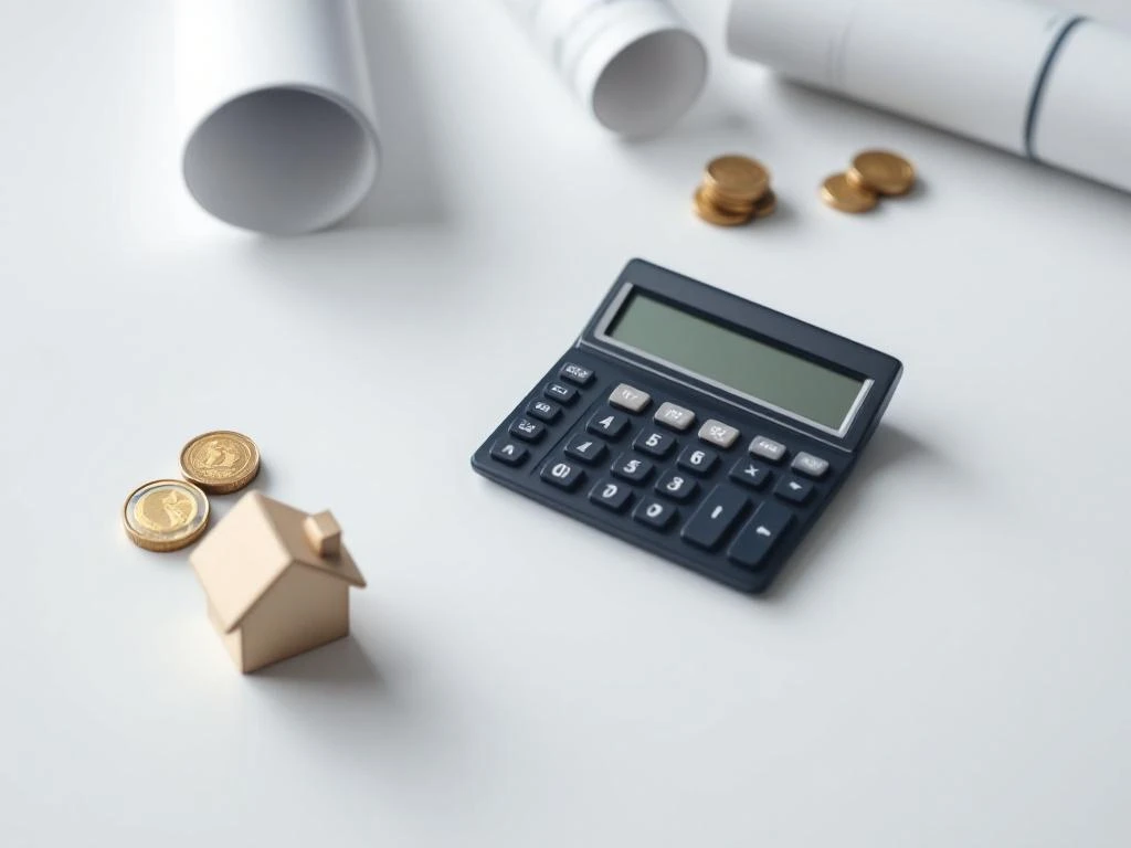 Calculator, houten huisje en euromuntjes op wit bureau met blauwdrukken voor financiële hypotheekplanning