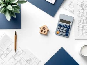 Rekenmachine en huisvormig token op wit oppervlak met pen en architectonische tekeningen voor financieel advies