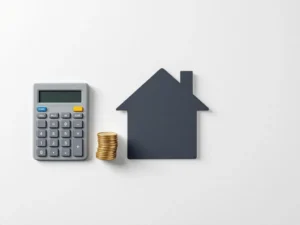 Huisvorming met euromuntenstapels en rekenmachine voor hypotheek- of vastgoedberekening van bovenaf gefotografeerd