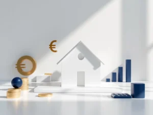 Wit modern huismodel met euro-symbolen, bedrag 700000, rekenmachine en inkomensgrafiek in marineblauw en goud