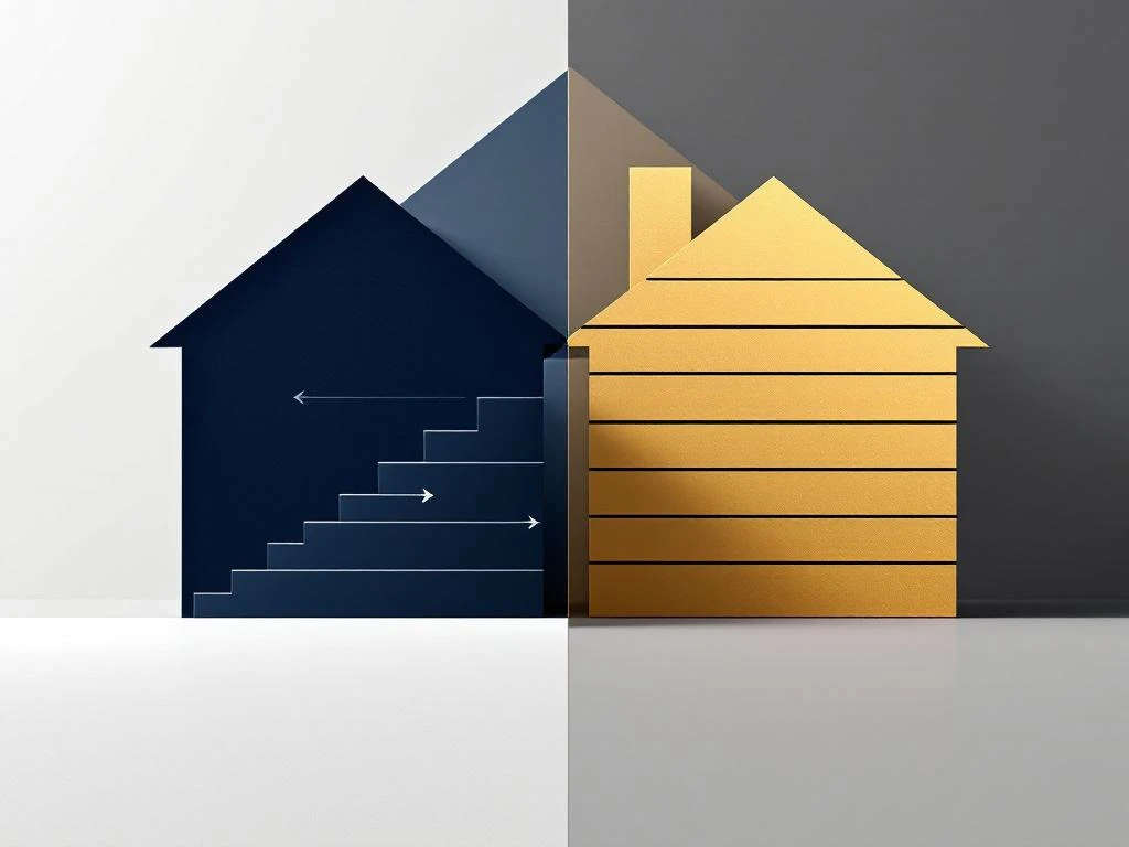 Twee geometrische huissilhouetten met verschillende hypotheekbetalingsstructuren: trappatroon links, horizontale balken rechts