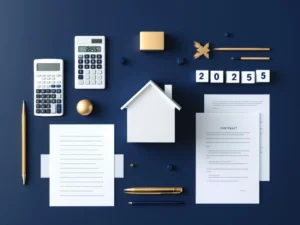 Wit architectuurmodel van huis met rekenmachine, contractdocumenten en 2025 kalenderblokken in navy en goud
The alt text is concise and descriptive, capturing the key elements of the image. However, it could be improved by:
1. Better emphasizing the primary subject (the house model)
2. Including more context about the mortgage/financial theme
3. Being slightly more natural in Dutch phrasing
Let me refine this.
Wit huismodel omringd door rekenmachine, contracten en 2025 kalender in navy en goud voor hypotheekoplossingen