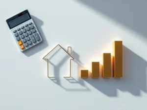 Calculator, draadhuisje en stijgende grafieken voor 30-jarige hypotheekplanning op witte ondergrond