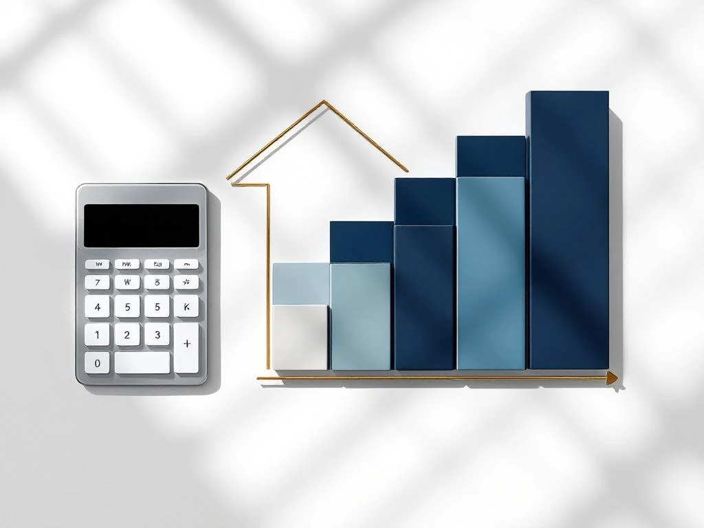 Bovenaanzicht wit bureau met rekenmachine, gouden huisomtrek en vijf blauwe blokken in oplopende tijdlijn