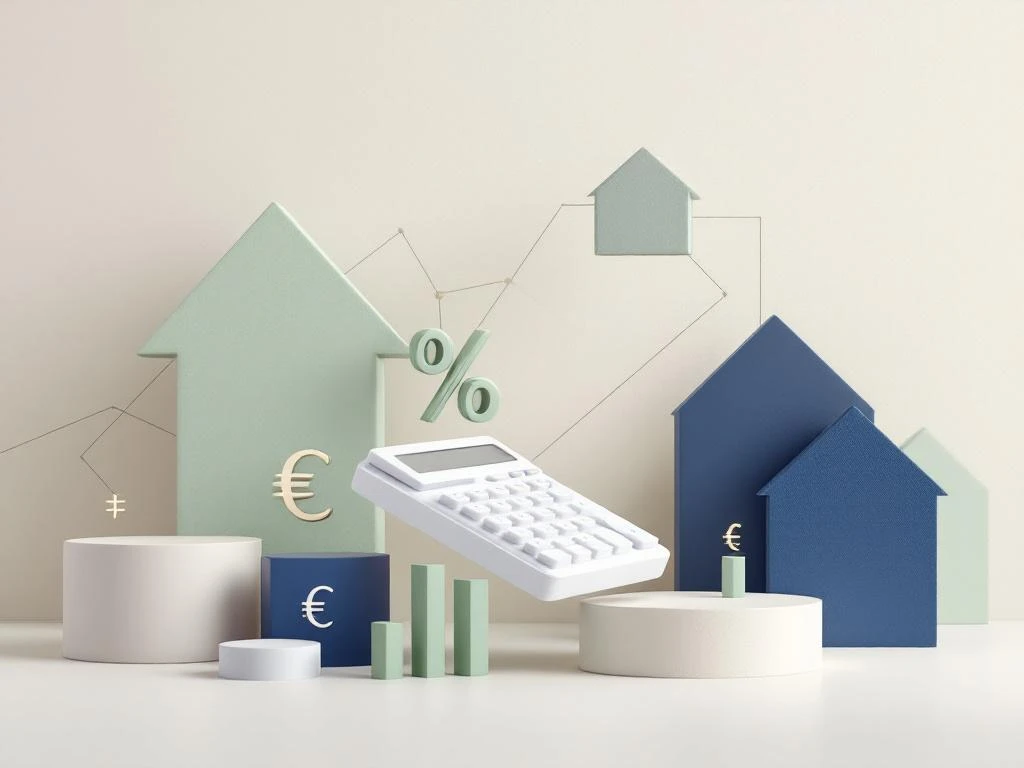 Witte calculator omringd door euro-symbolen, huissilhouetten en financiële grafieken in groen en blauw