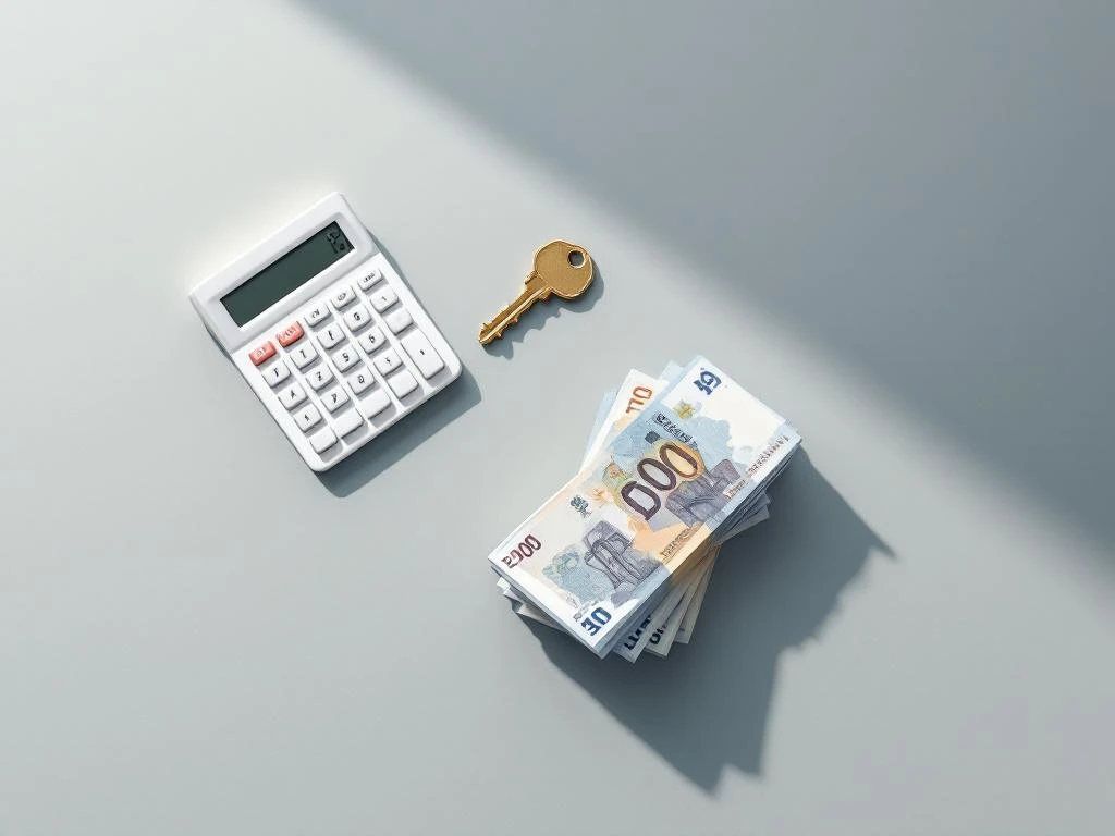 Rekenmachine, eurobiljetten en huissleutel op grijze ondergrond voor hypotheekberekening