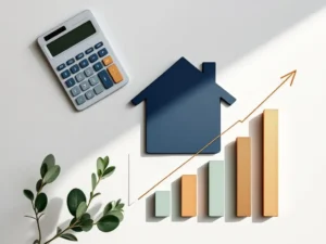 Rekenmachine, huisicoon en stijgende staafdiagrammen op witte achtergrond voor financiële planning