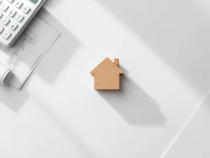 Houten huisblok op wit bureau met rekenmachine en blauwdrukken voor hypotheekadvies en financiële planning