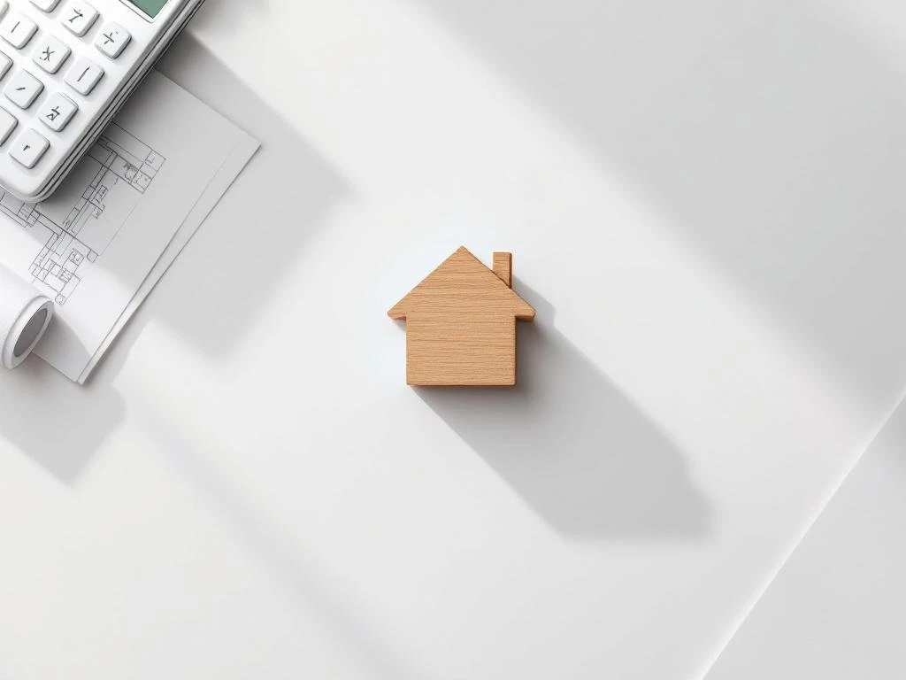 Houten huisblok op wit bureau met rekenmachine en blauwdrukken voor hypotheekadvies en financiële planning