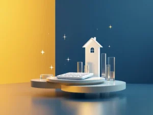 Witte rekenmachine en huissymbool met glasachtige stijgende grafieken tegen marineblauw-gouden achtergrond