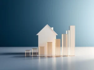 Modern wit huis met calculator-elementen en stijgende grafiek tegen blauwe achtergrond, symboliseert financiële groei