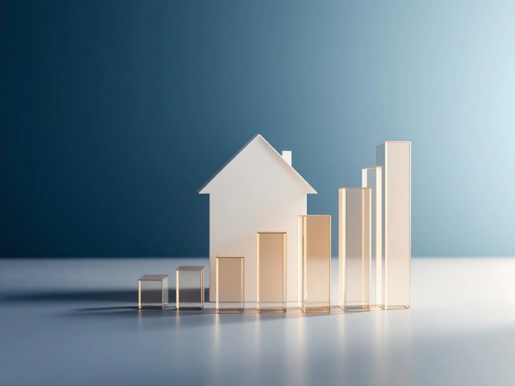 Modern wit huis met calculator-elementen en stijgende grafiek tegen blauwe achtergrond, symboliseert financiële groei