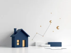 Moderne huissilhouet met rekenmachine-elementen, euro-symbolen en documenten voor hypotheekplanning op witte achtergrond