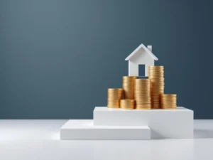 Wit huismodel op platform met gestapelde gouden munten en calculator icoon voor hypotheekplanning