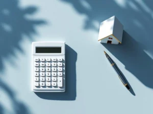 Rekenmachine en huismodel met pen op wit oppervlak, symboliseert hypotheekbeslissingen en financiële planning