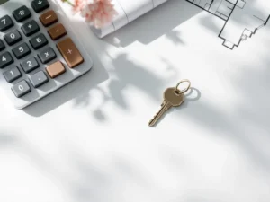 Huissleutel, rekenmachine en blauwdruk op wit bureau voor hypotheek en financiële dienstverlening