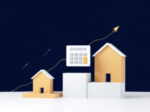 Witte rekenmachine boven geometrische huizen met pijlen en grafieken die hypotheekberekeningen en rentetarieven tonen