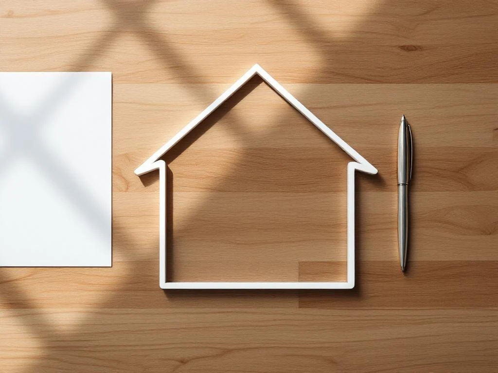 Bovenaanzicht houten bureau met huis-outline, zilveren pen en leeg contract met natuurlijk licht