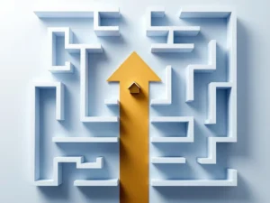 Gouden pijl snijdt door wit doolhof naar huis icoon, bovenaanzicht met navy en goud tinten op wit oppervlak