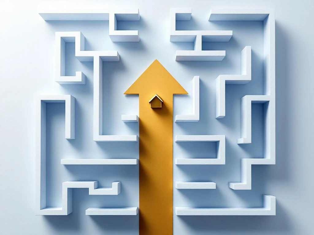 Gouden pijl snijdt door wit doolhof naar huis icoon, bovenaanzicht met navy en goud tinten op wit oppervlak