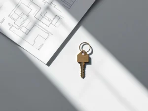 Huissleutel met geometrische sleutelhanger op wit bureau naast architectuurtekeningen voor eerste kopers