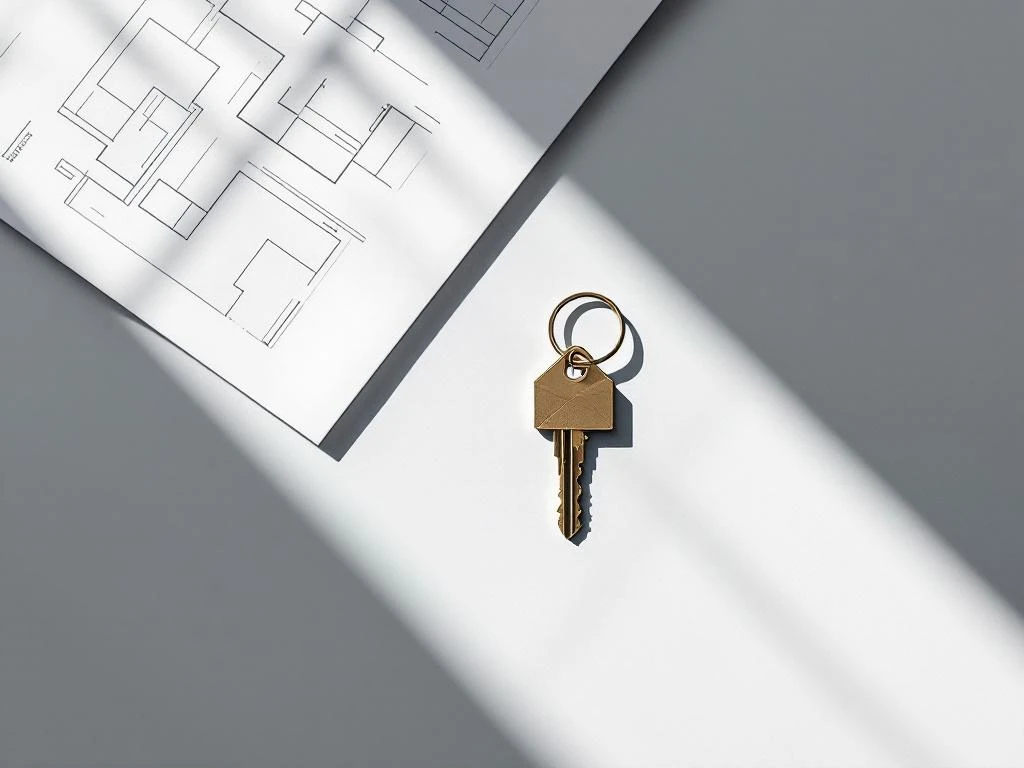 Huissleutel met geometrische sleutelhanger op wit bureau naast architectuurtekeningen voor eerste kopers