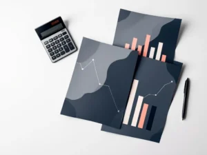 Rekenmachine, pen en papieren met dalende grafieken op wit bureau voor hypotheekadvies en financiële planning