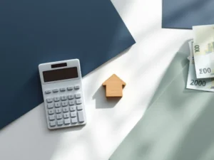 Rekenmachine, houten huisje en eurobankbiljetten op wit bureau voor hypotheekadvies en financiële planning