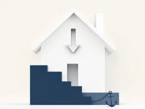 Wit huissilhouet met pijl naar beneden en gebroken ketting, symboliseert financiële neergang van aflossingsvrije hypotheek