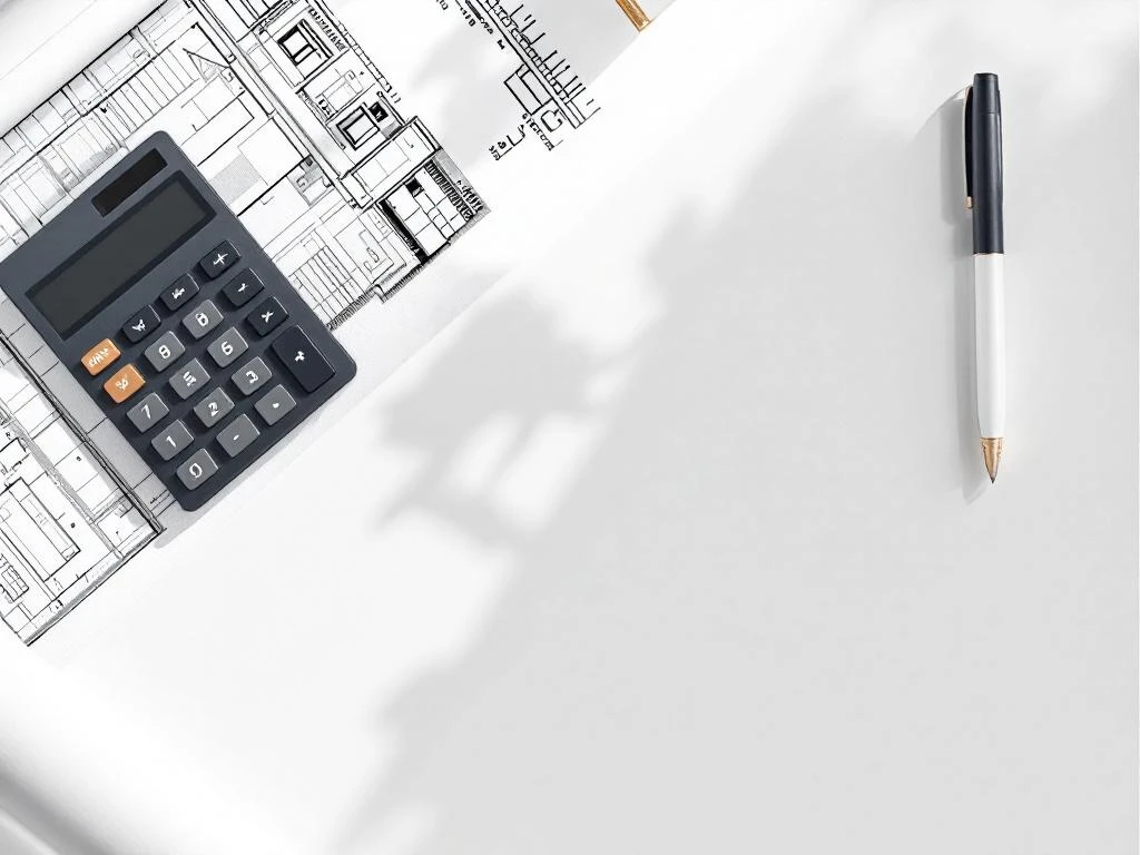 Bovenaanzicht van bureau met calculator, huissleutel, blauwdruk, pen en presse-papier voor financiële planning


Note: This is 121 characters including spaces.