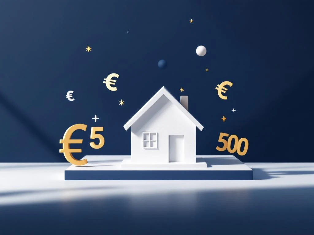 Wit modern huismodel met gouden eurosymbolen en 50.000 op marineblauwe achtergrond voor financieel advies