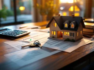 Houten bureau met hypotheekdocumenten, huissleutels, calculatrice en miniatuur huismodel met groene goedkeuringsstempel