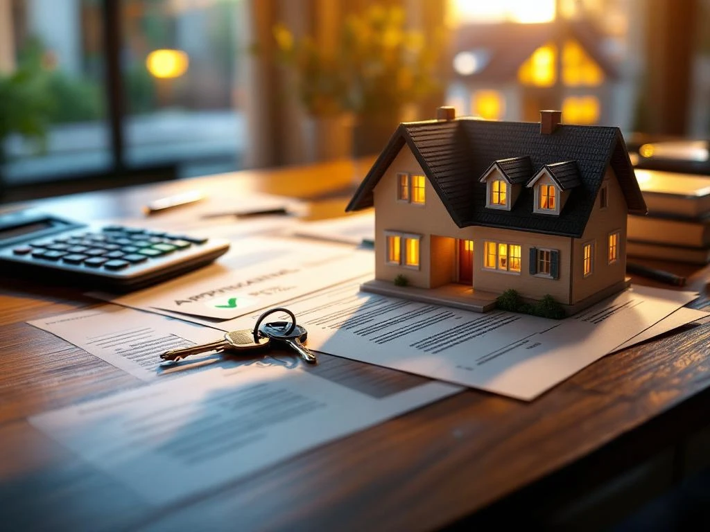 Houten bureau met hypotheekdocumenten, huissleutels, calculatrice en miniatuur huismodel met groene goedkeuringsstempel